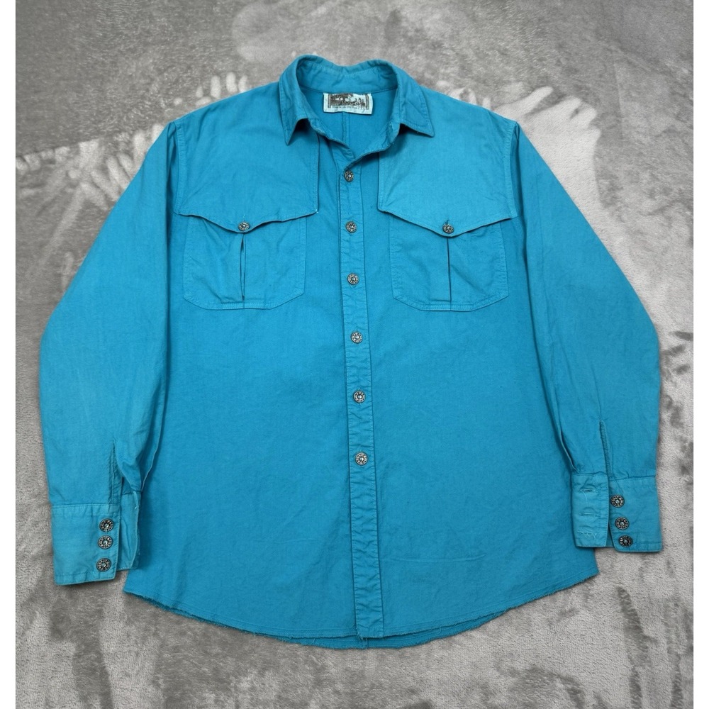 Vintage Frontier Rider Western Shirt Mens Medium Turquoise Blue Western USA 70s